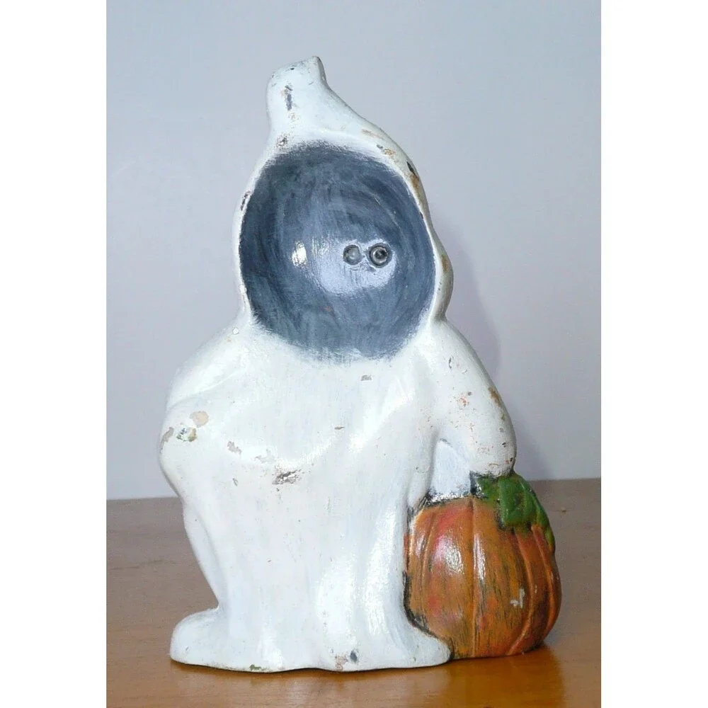 VTG Lot 3 Halloween Figurine Hand Painted Ceramic Witch Cauldron Ghost Black Cat